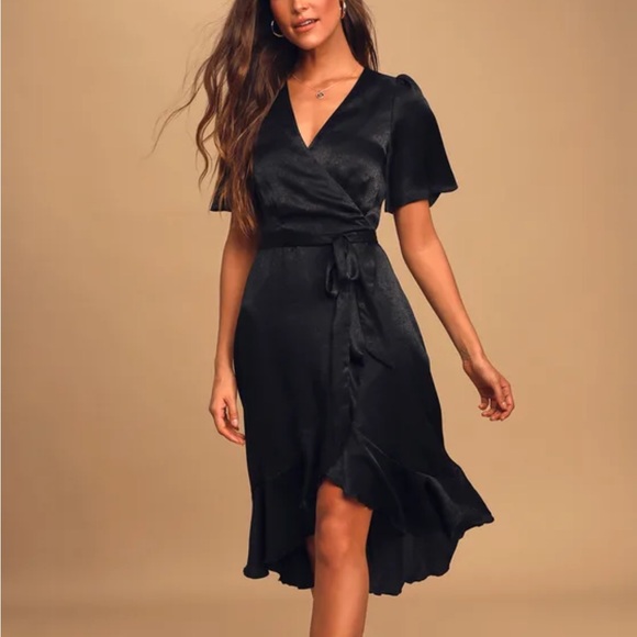 Lulus Dresses & Skirts - Lulus Wrapped Up In Love Black Satin Faux-Wrap Midi
Dress XL NWT